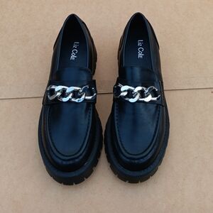 LIZ COLE Women's Black Chunky Platform  Loafers with Silver Chain Detail - 8M